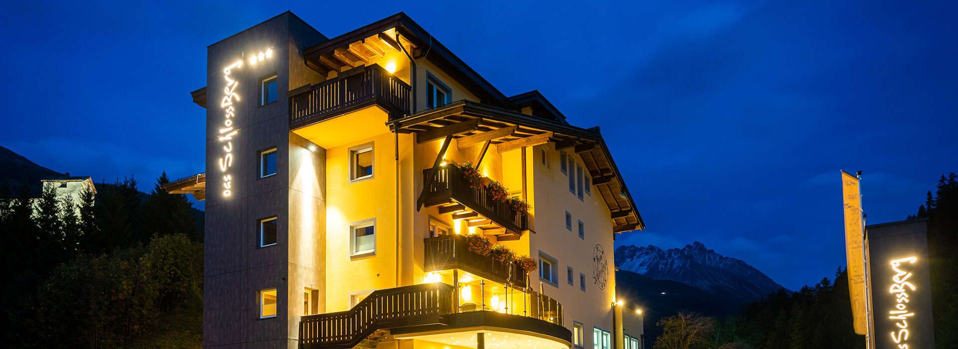 Evening view in summer from Das Schlossberg Hotel in Nauders