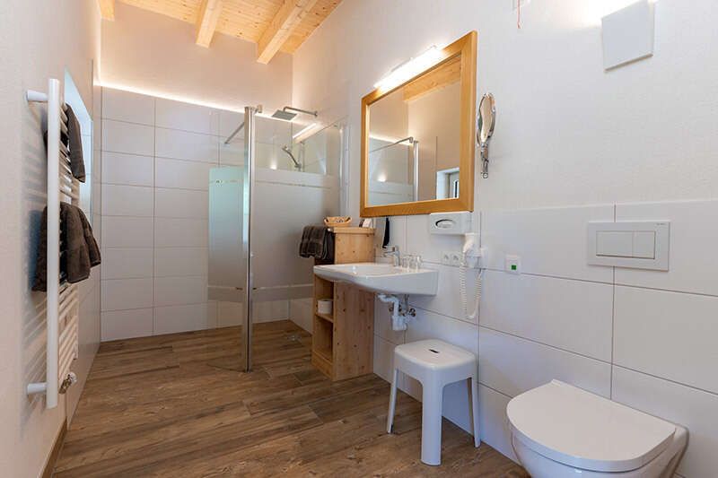 Badezimmer mit Dusche und WC im Panoramazimmer im Schlossberghotel